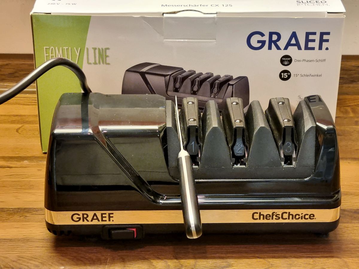 Messerschärfer von Graef CX 125 mit 3-Phasen-Schliff mit 15 Grad Schleifwinkel